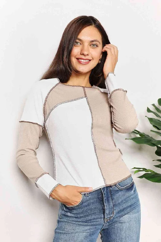 Special Price Double Take Color Block Exposed Seam Top
