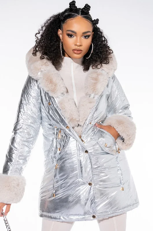 Online Exclusive stylish peacoatHYATT SILVER PUFFER WITH FAUX FUR TRIM