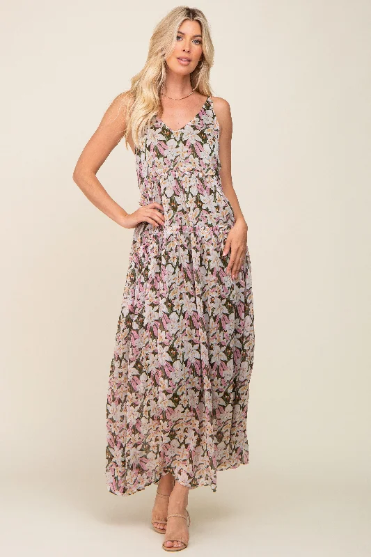 Price Rollback form-fitting dressPink Floral Chiffon Sleeveless Maxi Dress