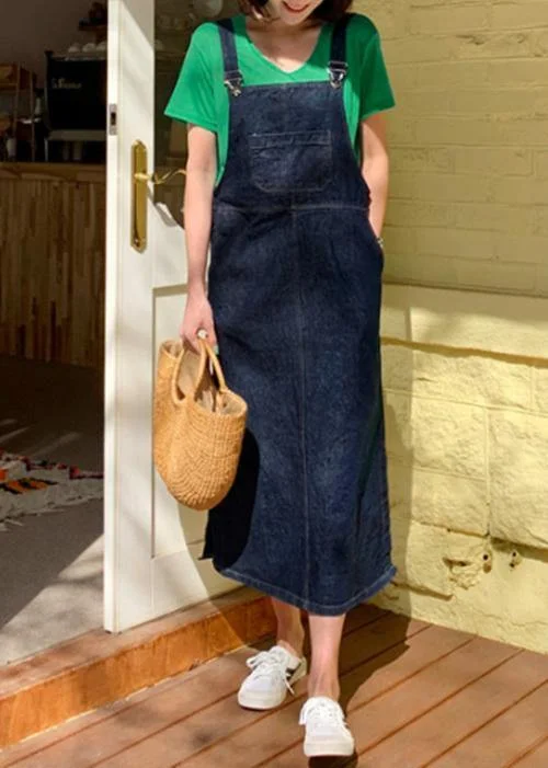 Deal Mania floral dressBohemian Spaghetti Strap pockets clothes Shape denim blue Dresses