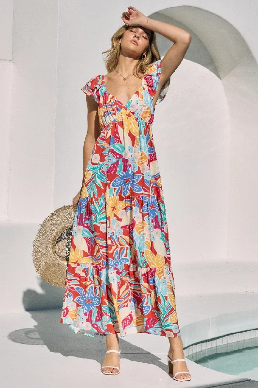 Price Drop Alert midi dressRed Floral V-Neck Layered Flutter Short Sleeve Midi Dress