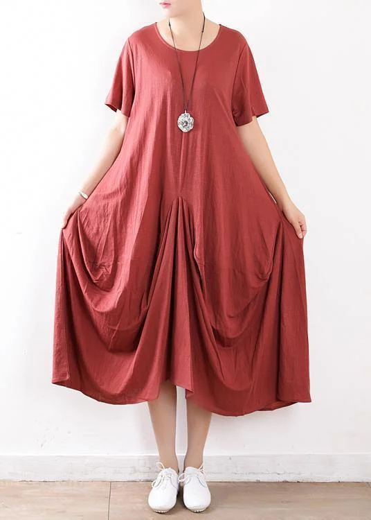 Price Cut elegant evening dressFrench o neck asymmetric linen clothes Casual Photography red loose Dress Summer