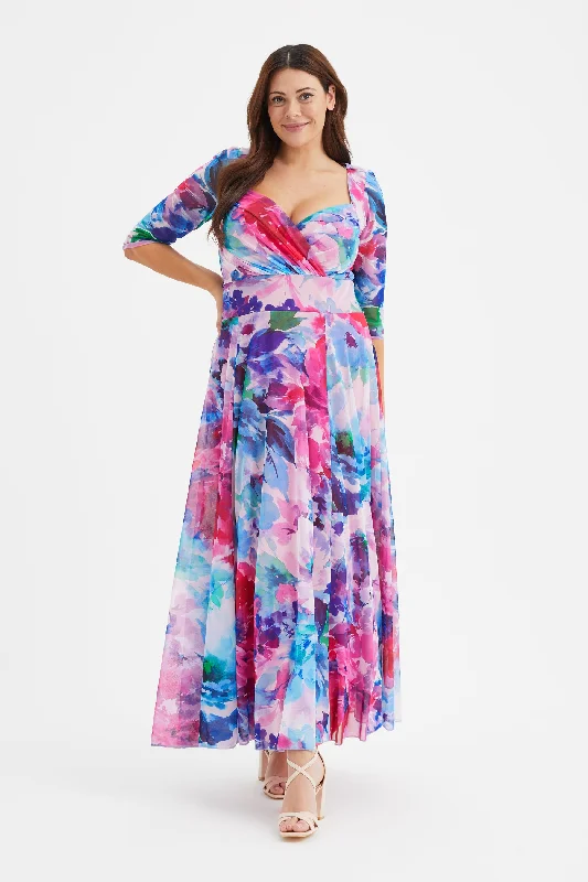 Special Discount midi dressElizabeth Blue Pink Print Mesh Maxi Gown