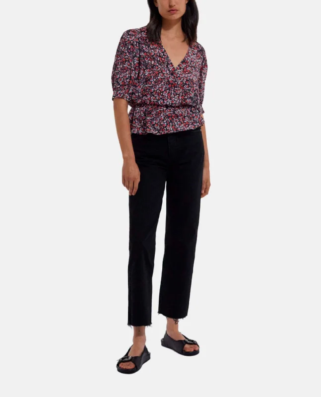 Super Bargain Short Sleeved Printed Wrap Top | Women | Black x Red