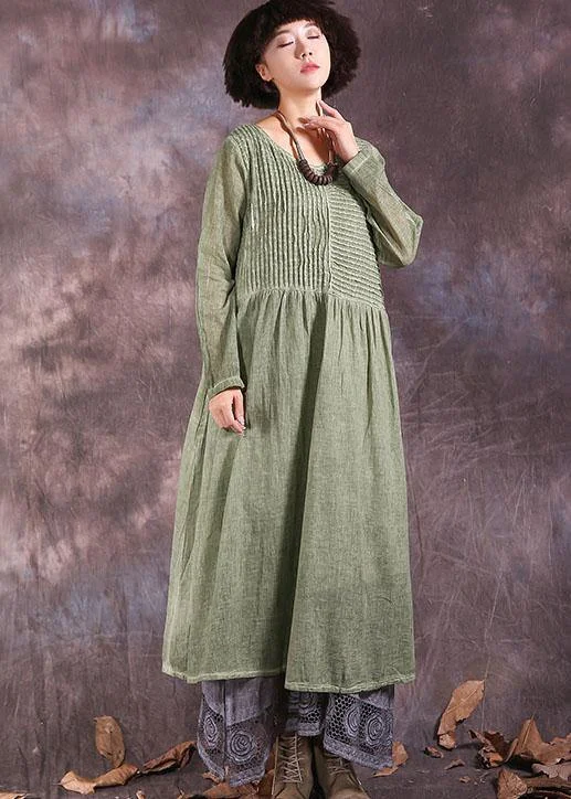 Price Cut textured dress100% Cinched cotton linen outfit design green Dresses summer