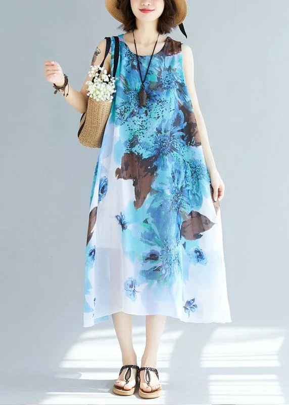 Don't Miss casual evening dressNatural sleeveless cotton Tunics Wardrobes blue prints long Dresses summer