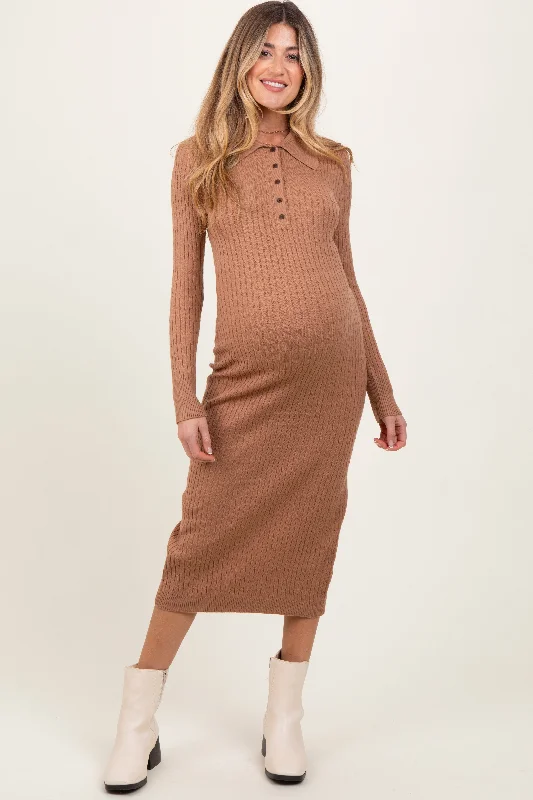 Price Cut printed dressCamel Cable Knit Button Up Maternity Midi Dress