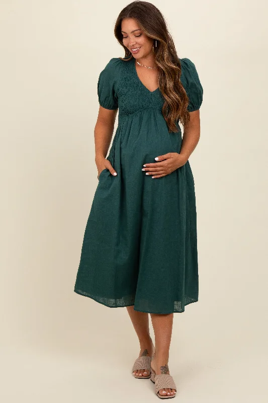 Now or Never velvet dressGreen Smocked V-Neck Puff Sleeve Maternity Midi Dress