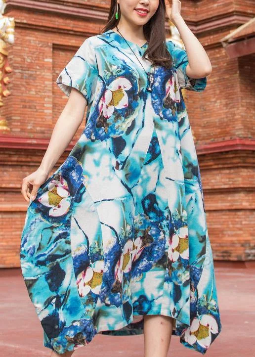 Don't Wait winter dressNatural v neck asymmetric cotton quilting Outfits light blue print Maxi Dress summer