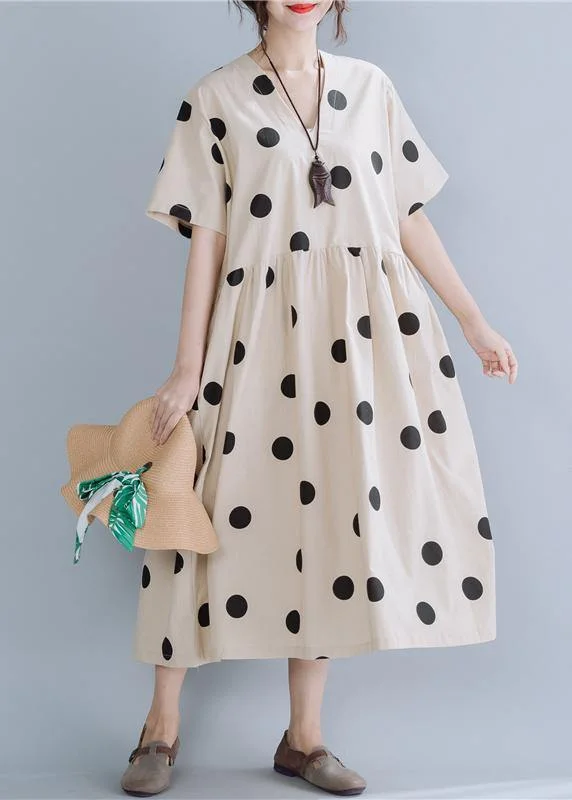 Final Clearance denim dressModern beige dotted cotton Tunics v neck long summer Dress