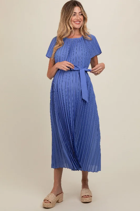 Flash Sale wrap dressBlue Pleated Sash Tie Maternity Midi Dress