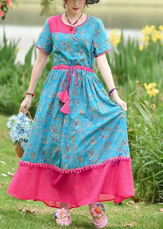 Big Savings textured dressItalian blue print cotton dresses o neck drawstring Maxi summer Dresses