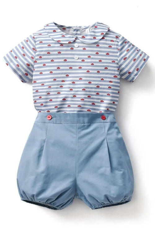 Year-End Sale Baby Boy Spanish Clothes Set Children Summer Cotton Outfits Striped Tops Shirt Peter Pan Collar Blue Shorts Pants
