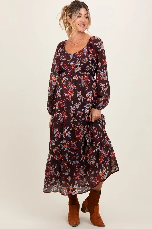 Limited Time Offer one-shoulder dressBrown Floral V-Neck Bubble Sleeve Maternity Maxi Dress
