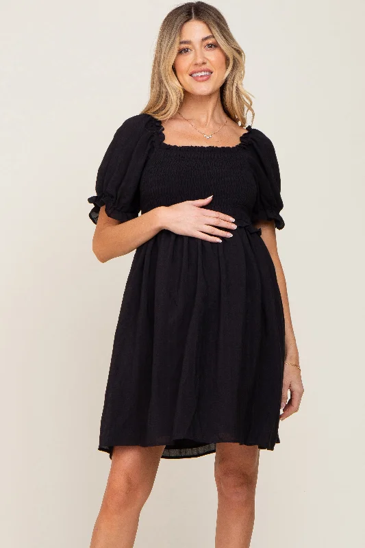 Special Discount casual evening dressBlack Smocked Puff Sleeve Maternity Dress