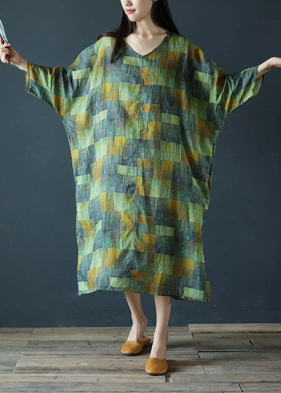 Season Finale Sale summer dressDIY v neck side open linen summer dresses Work Outfits green striped Dress