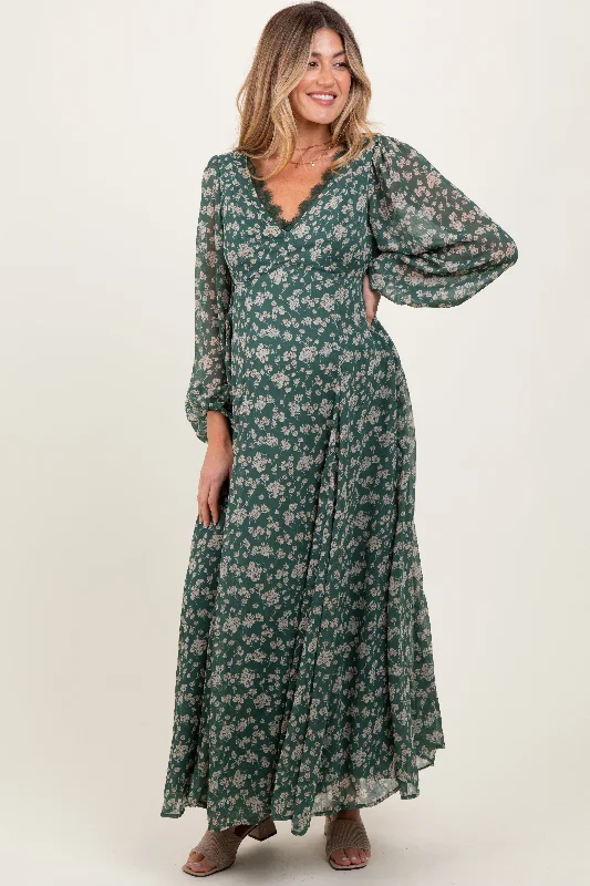 Instant Discount floral midi dressGreen Floral Chiffon Lace Trim Back Tie Maternity Maxi Dress