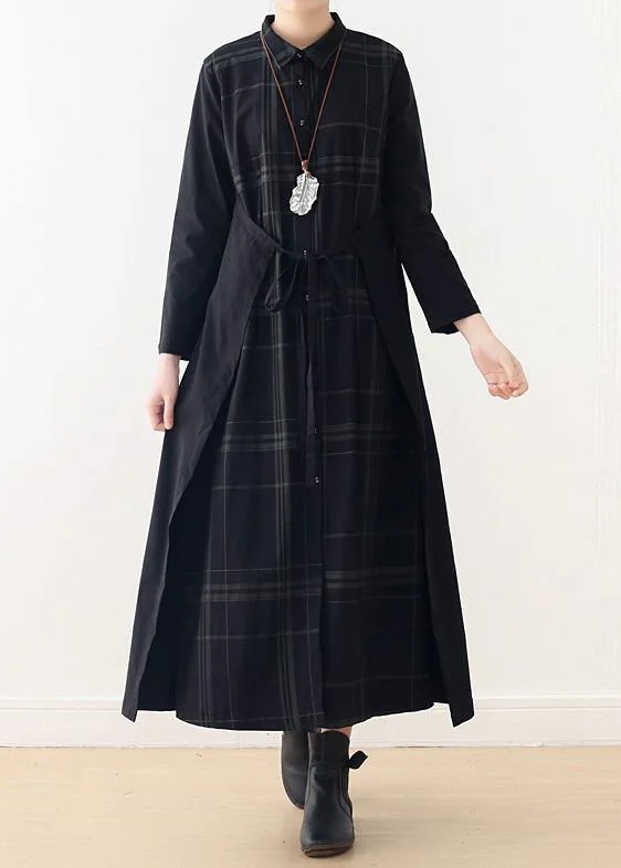 The Best Prices classic fit-and-flare dressItalian drawstring cotton quilting clothes Shirts black plaid A Line Dresses false two pieces
