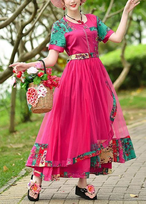Steals and Deals ashionable dressFrench rose print cotton quilting clothes o neck patchwork tulle long summer Dress
