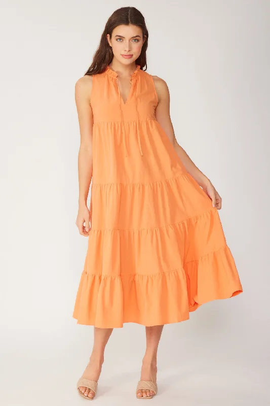 Now or Never sleeveless dressTangerine Tiered Linen Blend Solid Midi Dress