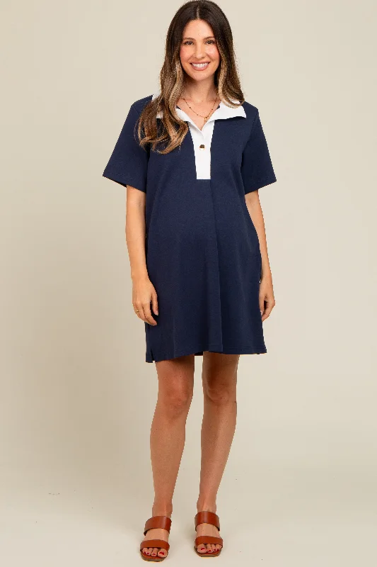 Stock Clearance elegant dressNavy Blue Contrast Collar Maternity Polo Dress