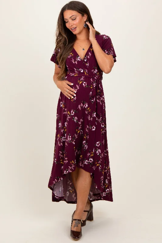 Bonus Savings vintage dressBurgundy Floral Short Sleeve Wrap Hi-Low Maternity Maxi Dress