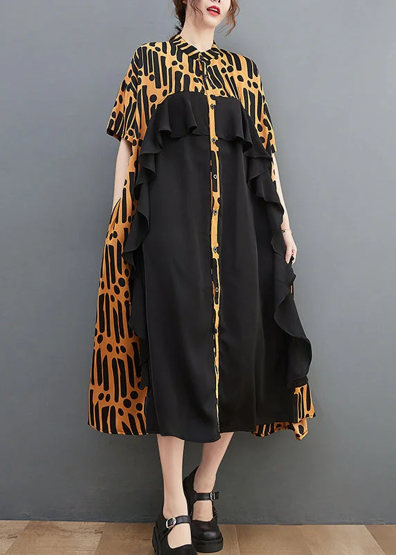 Can't Miss trendy wrap dressNovelty Yellow Stand Collar Ruffles print Chiffon Patchwork Shirt Dress Short Sleeve