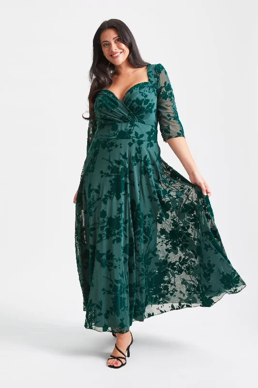 Year-End Sale fitted cocktail dressElizabeth Dark Green Flocked Mesh Maxi Gown