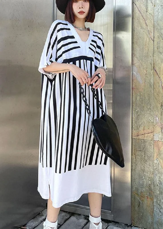 Members Only chic dressChic White Striped Cotton Dress V Neck Summer Long Dresses