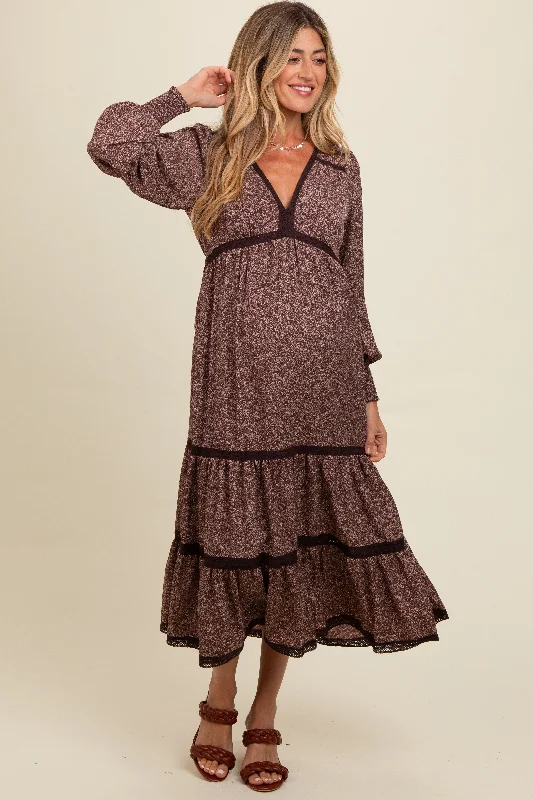 Don't Miss bohemian dressBrown Floral Lace Trim Bubble Sleeve Maternity Maxi Dress