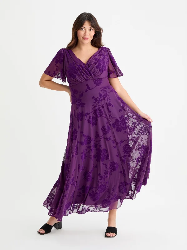 Special Price minimalistic dressIsabelle Purple Chinoise Velvet Flock Angel Sleeve Maxi Dress