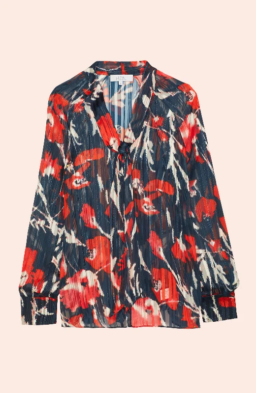 New Deals Metallic Floral Tie Neck Top | Navy Multi