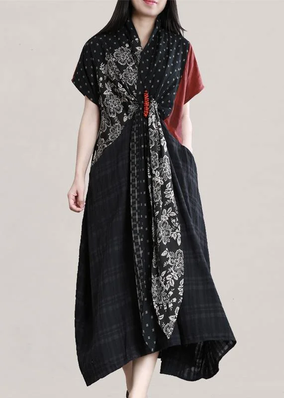 Special Promotion flowy evening dressDIY v neck patchwork linen summer Robes Shirts black print Dress