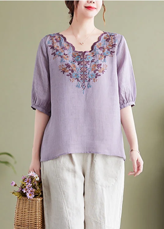 Discount Mania Modern Purple Embroideried Cotton Top Summer AC2022