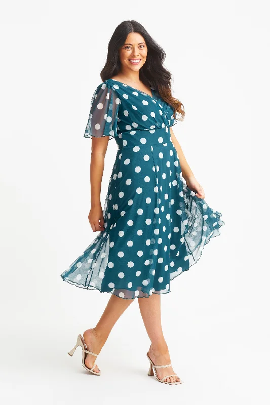 Factory Direct Sale pleated maxi dressVictoria Teal Lollidot Print Angel Sleeve Mesh Midi Dress