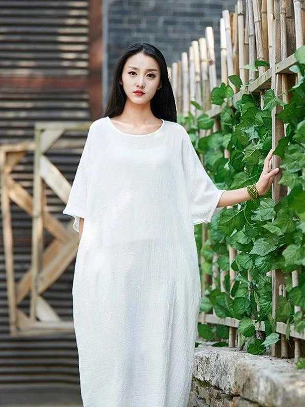 Now or Never structured dressHandmade white cotton linen clothes For Women o neck half sleeve Maxi Dress