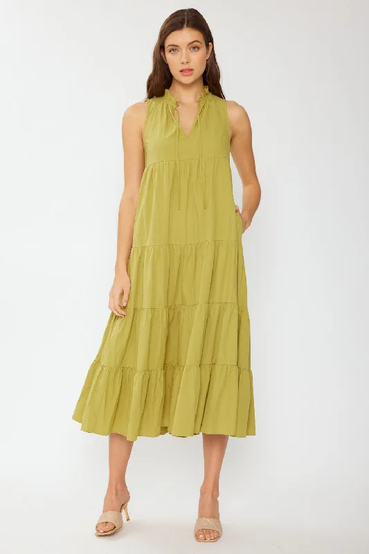 Great Deals sleek dressGreen Tiered Linen Blend Solid Midi Dress