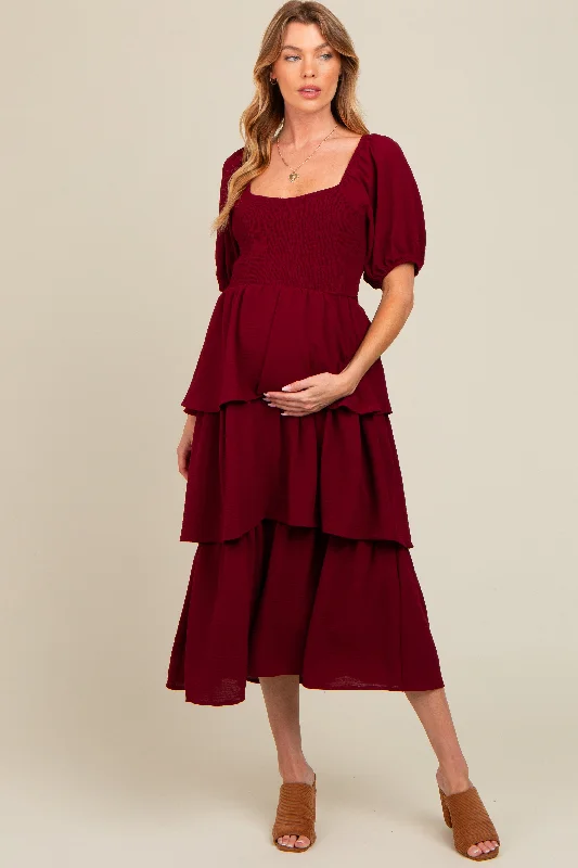Big Savings floral midi dressBurgundy Smocked Body Ruffled Tiered Maternity Midi Dress