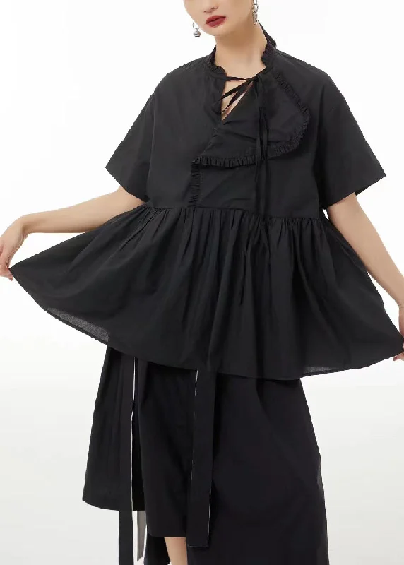 Act Now Art Black Asymmetrical Patchwork Wrinkled Cotton Shirt Tops Summer LC0112