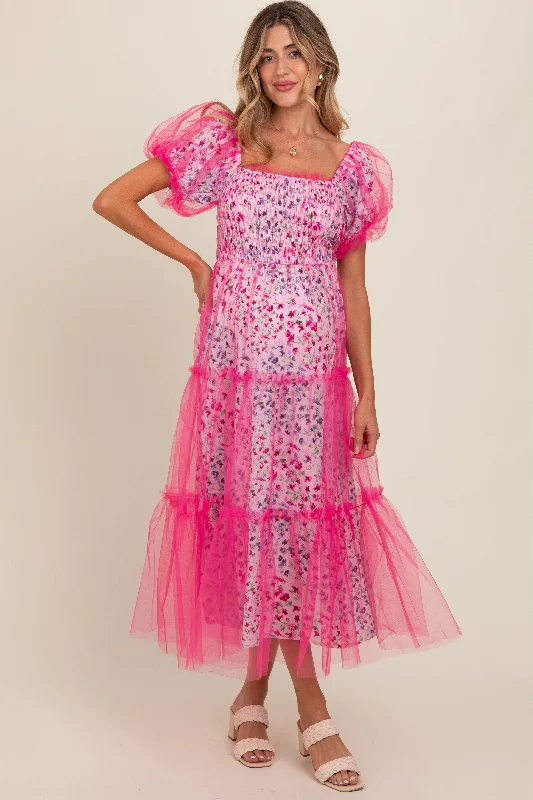 Exclusive Deal trendy mini dressMagenta Floral Lined Smocked Tulle Maternity Midi Dress