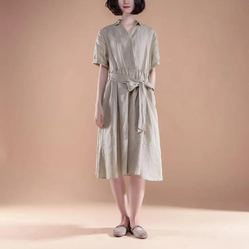 New Deals playful dressNew summer dresses Loose fitting Short Sleeve Pleated Belt Summer Casual Beige Dress