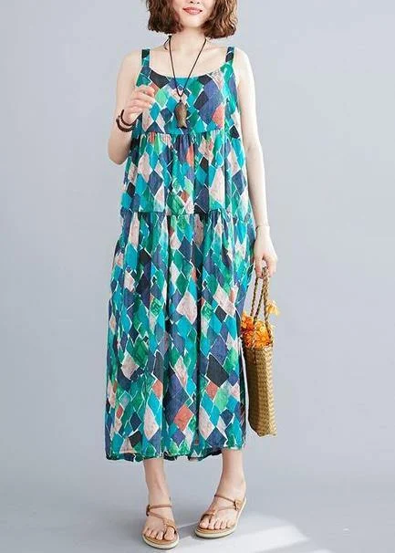 Act Fast formal dressDIY green print cotton linen dress Spaghetti Strap patchwork A Line summer Dress