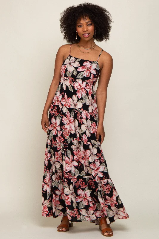 Major Savings silk dressBlack Floral Square Neck Tiered Maxi Dress