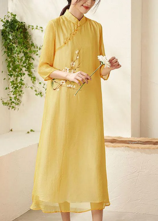 Instant Discount spaghetti strap dressUnique Yellow Mandarin Collar Print Summer Dresses