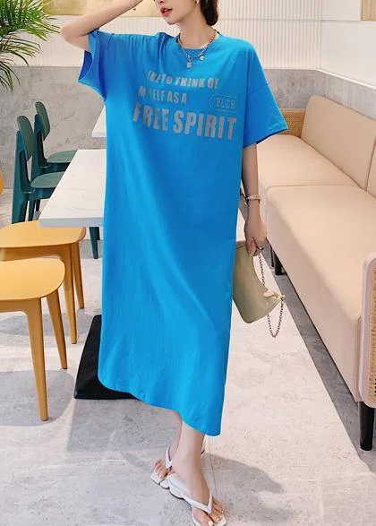 Bargain Prices floral wrap dressNatural blue Letter clothes Women o neck side open long Dress