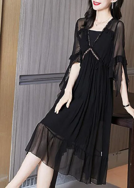 Closeout Sale sleeveless dressItalian Black V Neck Hollow Out Wrinkled Print Chiffon Dress Flare Sleeve