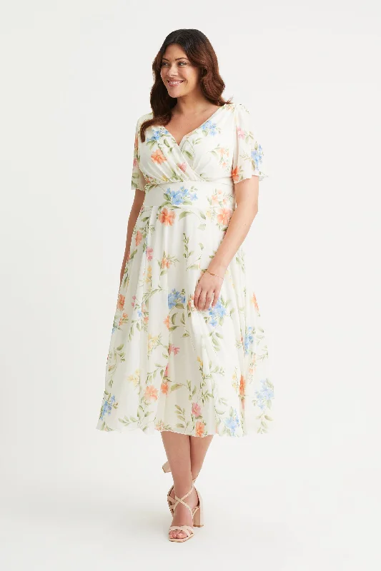 Savings Alert office dressVictoria Cream Multi Flower Angel Sleeve Mesh Midi Dress