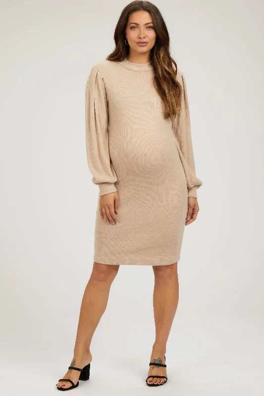 Must-Have Deals chic slip dressBeige Ribbed Long Sleeve Mock Neck Maternity Dress