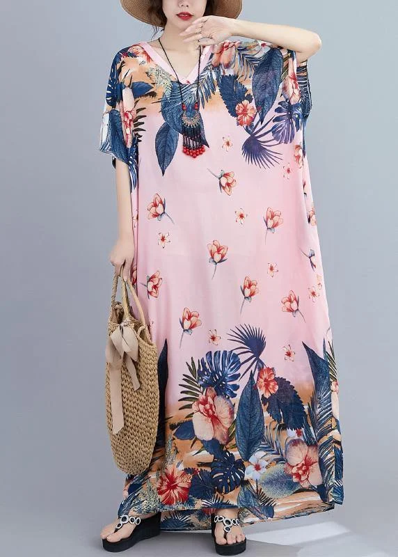 Inventory Reduction floral dressChic v neck Batwing Sleeve dresses Wardrobes pink print long Dress