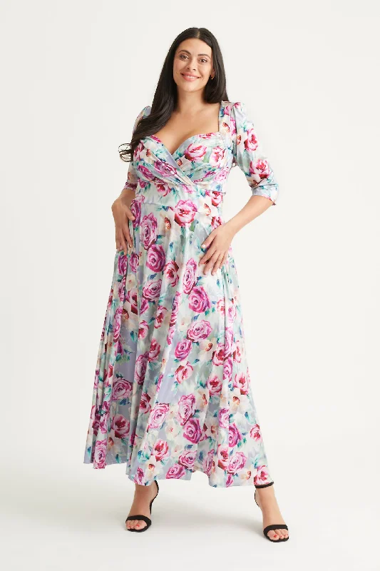 Special Buy one-shoulder dressElizabeth Silver Pink Print Satin Maxi Gown